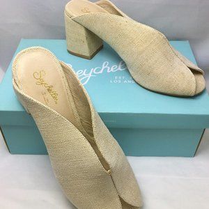 ◑  nwot seychelles love + war linen mules
